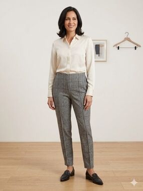 High-Rise Glen Plaid  Pull-On Stretch Pants Gray Elastic Waist Size Medium Chic